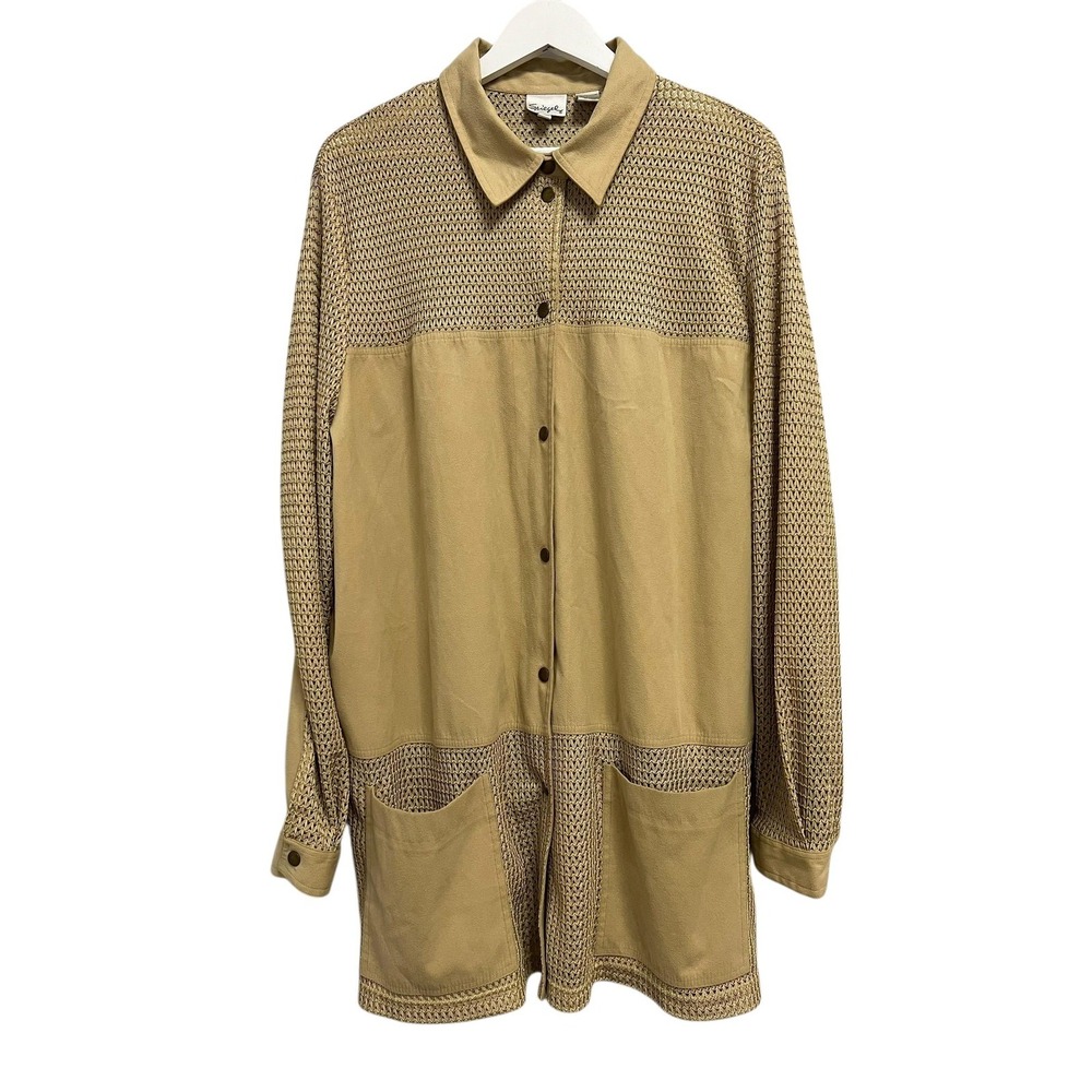 Spiegel Jacket Womens 2X Tan‎ Gold Knit Trim Long Button Front Pockets Shacket